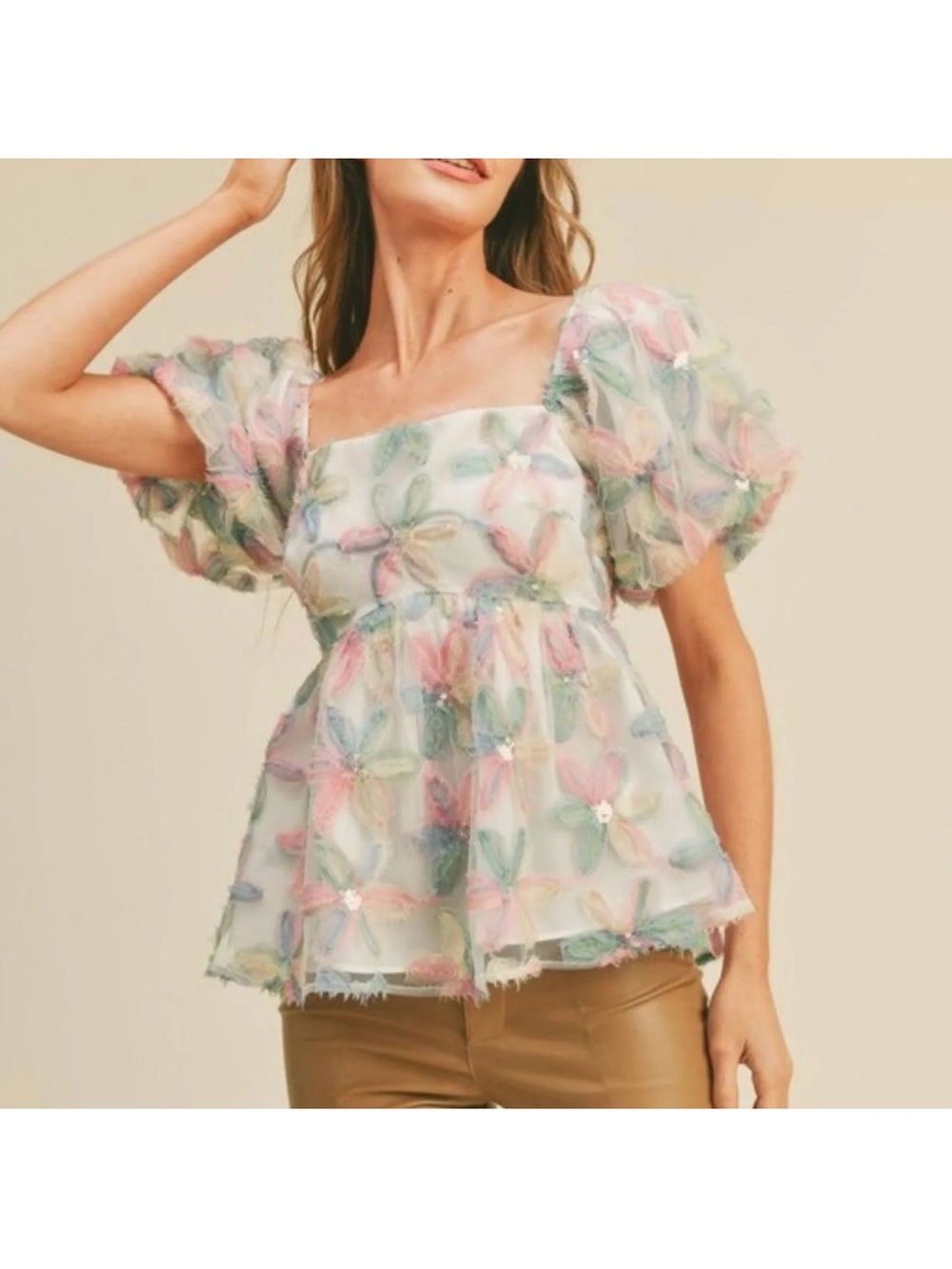 &Merci Sequin Floral Babydoll Top-Size Medium